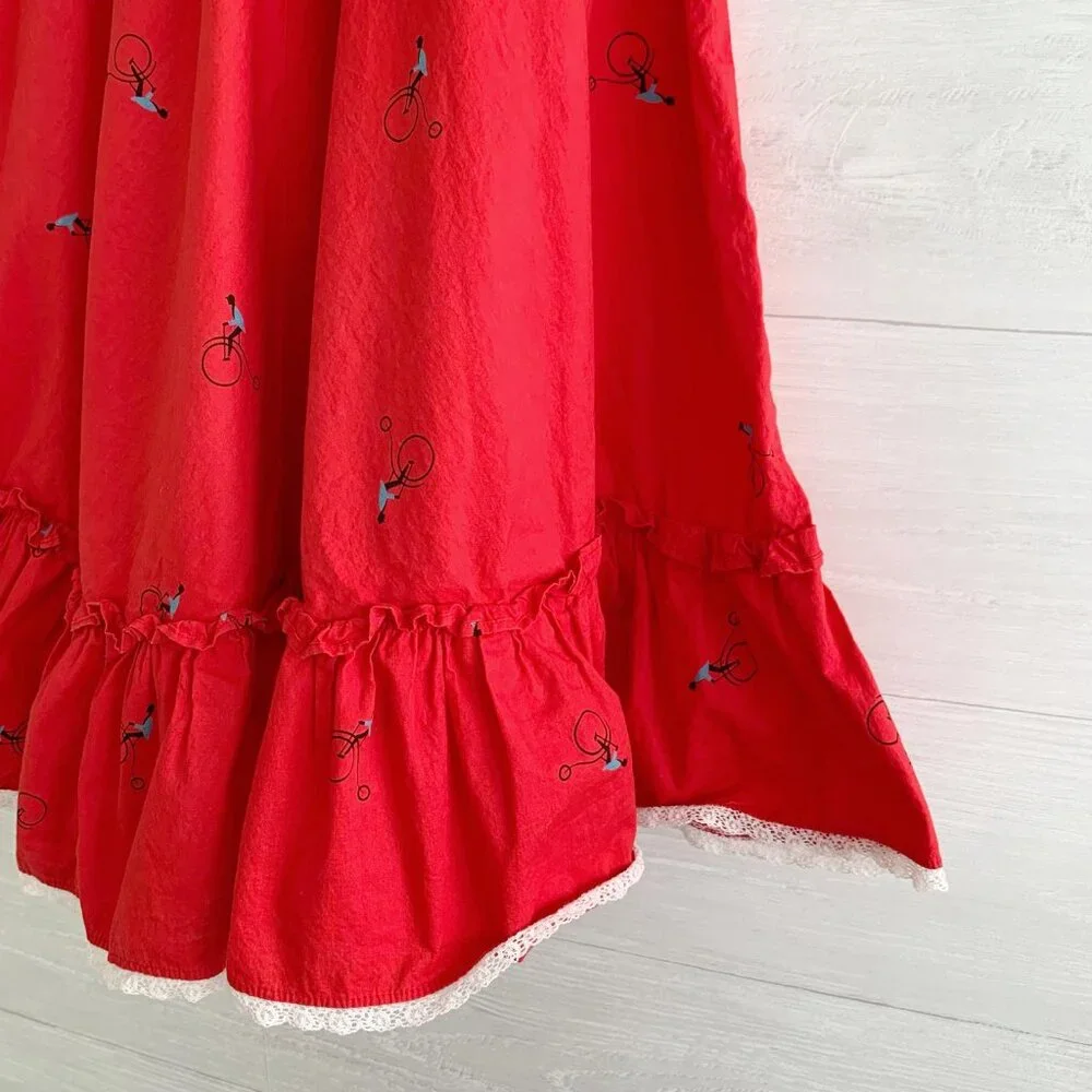 Vintage Handmade Red bicycle ruffled hem full cotton midi skirt, XS - Picture 2 of 8